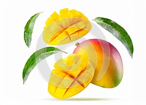 mangos with half slices mango falling or flying in the air with green leaves isolated on white background