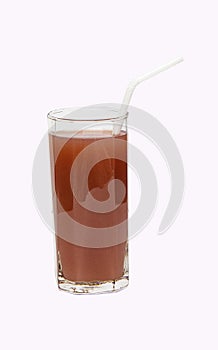 Mangosteen brown juice in tall square glass with straw isolated on white background.