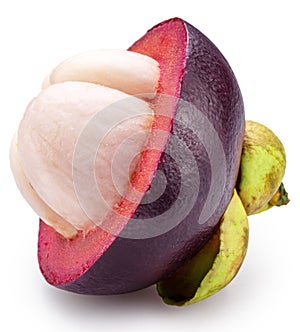 Mangosteen cross-section with white flesh on white background. Clipping path