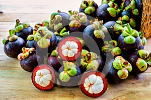 Mangosteen fruit in the basket on wooden table photo