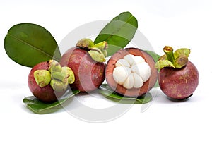 Mangosteen fruit with its leaves on a white background