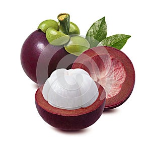 Mangosteen. Whole, half and empty rind isolated on white background