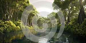 Mangrove forest view, panorama of dark wild jungle and water, generative AI