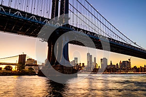 Manhattan Bridge with downtown Manhattan city skyline, cityscape of New York