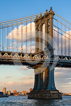 Manhattan Bridge east tower at sunset. New York City