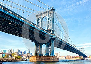 The Manhattan Bridge, New York City, United States. In the background Manhattan and Brooklyn Bridge