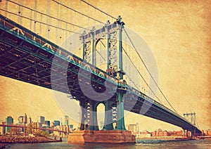 The Manhattan Bridge, New York City, United States. In the background  Manhattan and  Brooklyn Bridge. Photo in retro style. Added