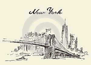 Manhattan bridge Skyline New York US Vector drawn.