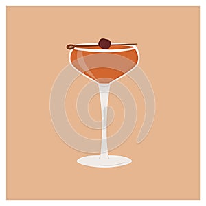 Manhattan Classic Cocktail garnished with maraschino cherry. Classic alcoholic beverage card for bar menu. Summer