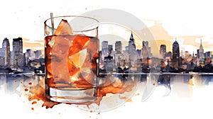 Manhattan cocktail illustration. Glass of a Manhattan whiskey cocktail on Manhattan background. illustration Ai generated