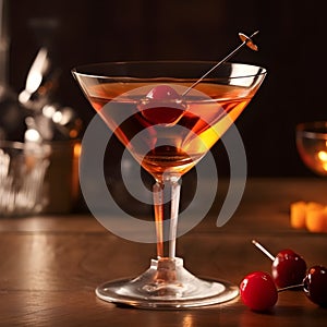 Manhattan cocktail with lemon and maraschino cherry on counter background, generative AI