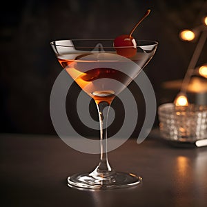 Manhattan cocktail with lemon and maraschino cherry on counter background, generative AI.