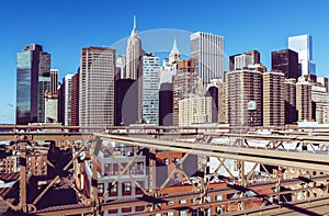 Manhattan downtown view from Brooklyn bridge