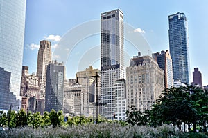 Manhattan financial district buildings on a sunny day. Architecture and business concepts. Manhattan, New York City, USA