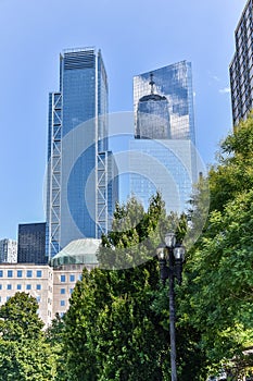 Manhattan financial district buildings on a sunny day. Architecture and business concepts. Manhattan, New York City, USA