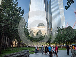 Manhattan island, New York City - One World Trade Center office building with view deck platform,platform, next to 911 memorial