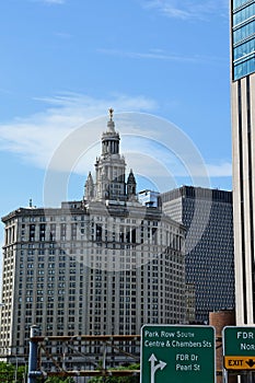 Manhattan Municipal Building from Brooklyn Bridge, New York City, USA