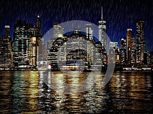 Manhattan new york city skyline at dusk from brooklyn side under heavy rain