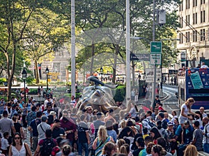 Manhattan, New York City, United states, Charging Bull of Wall Street on Bowling Green, bronze sculpture on Broadway, financial