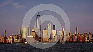 Manhattan New York Cityscape NYC. New York Manhattan time laps at dusk. Timelapse Sunset in New York Lower Manhattan