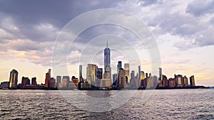 Manhattan New York Cityscape NYC. New York Manhattan time laps at dusk. Timelapse Sunset in New York Lower Manhattan