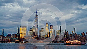 Manhattan New York Cityscape NYC. New York Manhattan time laps at dusk. Timelapse Sunset in New York Lower Manhattan