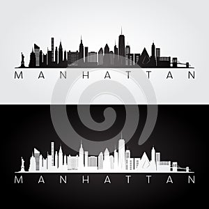 Manhattan, NYC skyline and landmarks silhouette