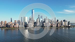 Manhattan, NYC view from Hudson. Manhattan, World Trade Center WTC, Business district of Manhattan. NYC aerial view. New