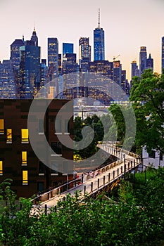 Manhattan panorama at dusk seen from Brooklyn Hights District, New York