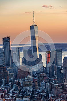 Manhattan skyline from above at the sundown, New York City