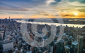 Manhattan skyline from above at the sundown, New York City