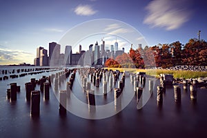 Manhattan skyline from Brooklyn Bridge Park. New York City, USA. Office buildings