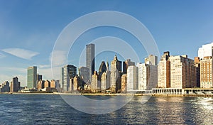 Manhattan Skyline buildings from Roosevelt Island in New York, USA