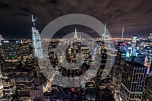 Manhattan skyline lights at night taken from Rockefeller center roof, Manhattan, New York, USA photo