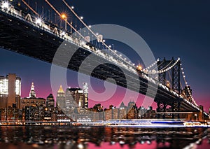 Manhattan Skyline and Manhattan Bridge At Night