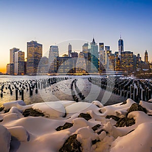 Manhattan Skyline with the One World Trade Center building at twilight photo