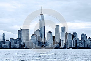 Manhattan Skyline over Hudson river, Black and white blue toned image