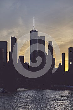 Manhattan skyline silhouette at dusk, NYC