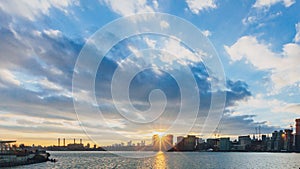 Manhattan skyline at sunset viewed from Long Island City, in New York City, USA