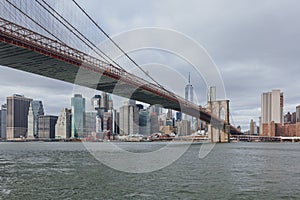 Manhattan skyline viewed from Brooklyn with Brooklyn bridge, in New York City, USA