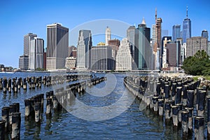 Manhattan Skyline with wooden logs, New York City