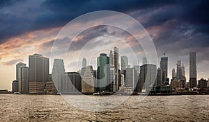 Manhattan skyscrapers, New York city skyline, cloudy spring day