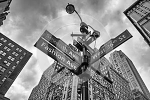 Manhattan street signs, road intersection in New York City, upward view