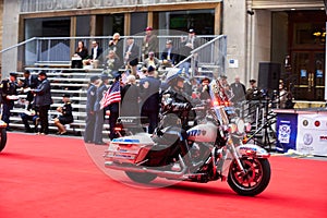 NYPD Motorcycle unit driving on red carpet. Veterans Day Parade in NYC