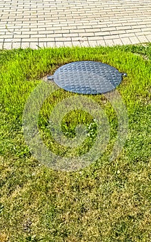 Manhole cover embedded in a patch of green grass, surrounded by dry grass and brick sidewalk photo