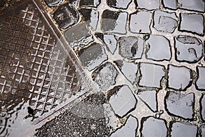 Manhole cover on pavement