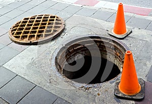 Manhole on the footbath near street