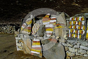 Mani colour Stones with Buddhist mantra Om mani padme hum in Himalaya Nepal