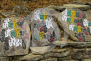 Mani colour Stones with Buddhist mantra Om mani padme hum in Himalaya  Nepal