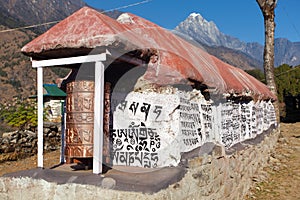 Mani prayer walls and prayer wheels in Khumbu valley